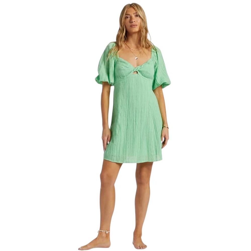 BILLABONG Smocked Dress Small Slime Green Cotton Gauze Puff Sleeve Twist Front